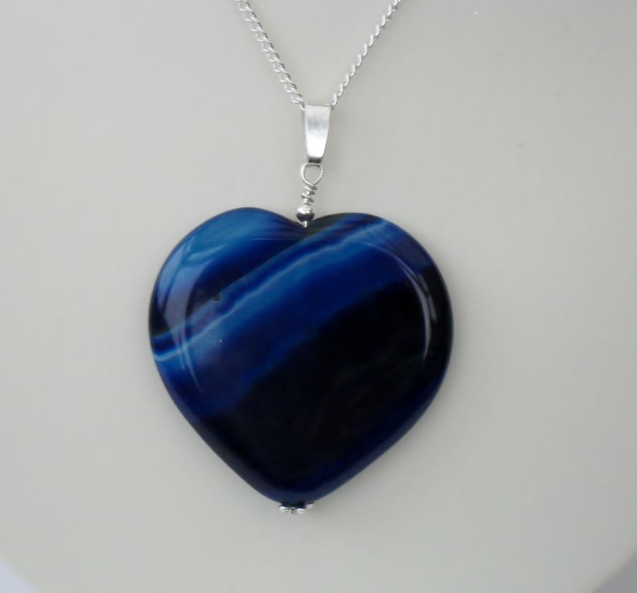 Blue banded agate heart pendant necklace