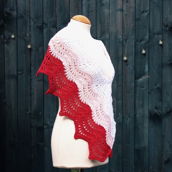 Crochet wrap in three colours of red, pink and white 100% Cotton - design A193