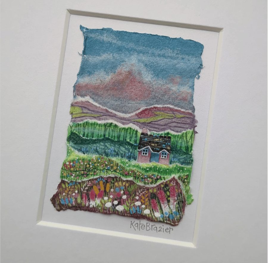 Heather Cottage - Original miniature collage. A5 Mounted