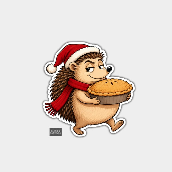 Unique Funny Christmas Sticker Xmas Decal - Cute Hedgehog With Pie