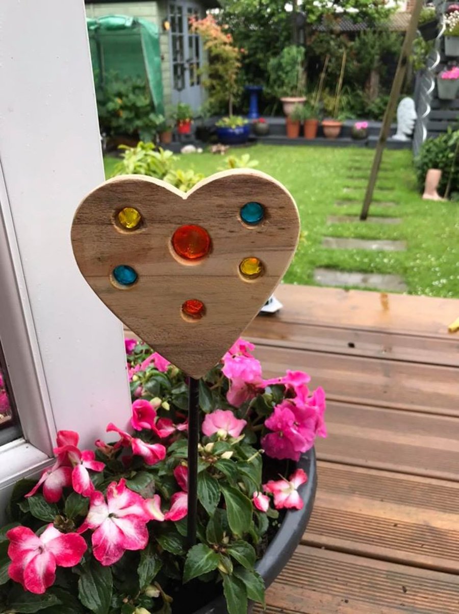 Handmade Wood and glass heart on metal stick