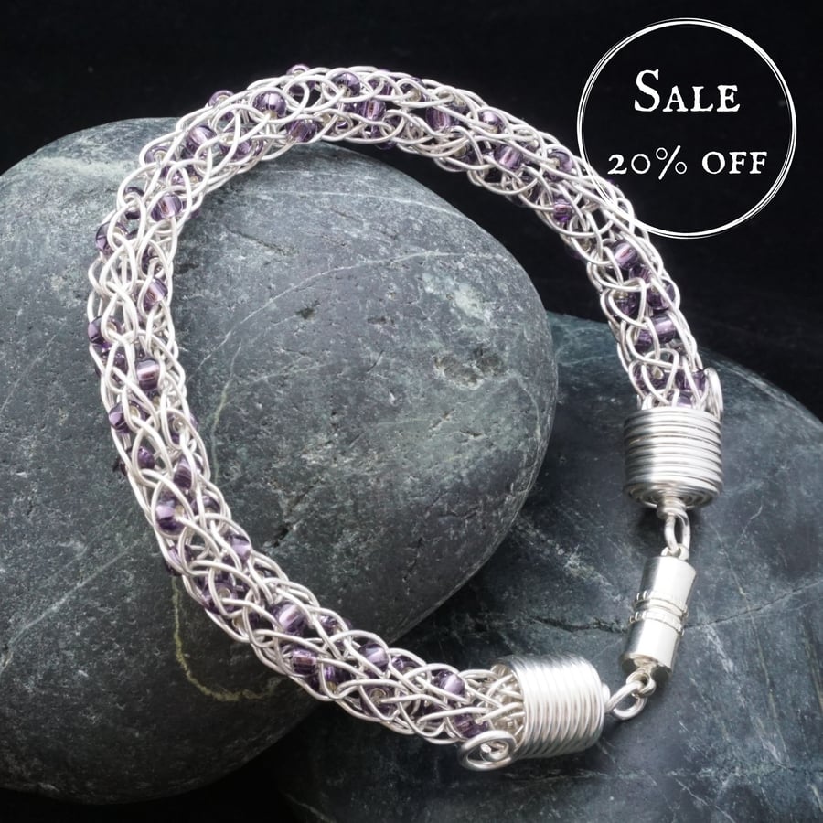 SALE - Beaded Viking Knit Bracelet - Silver with Purple Beads