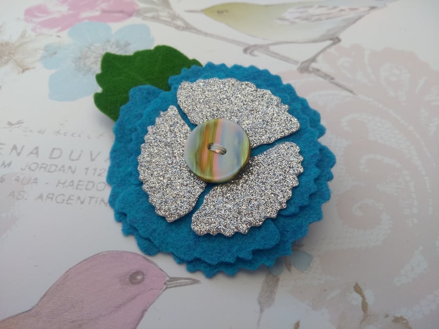 Blue poppy brooch, felt floral lapel pin, flower badge