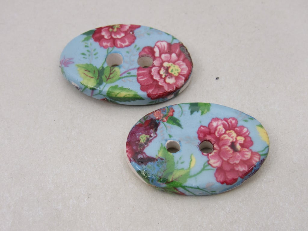 2 Blue Chintz Oval Ceramic Buttons
