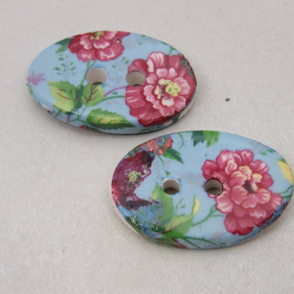 2 Blue Chintz Oval Ceramic Buttons