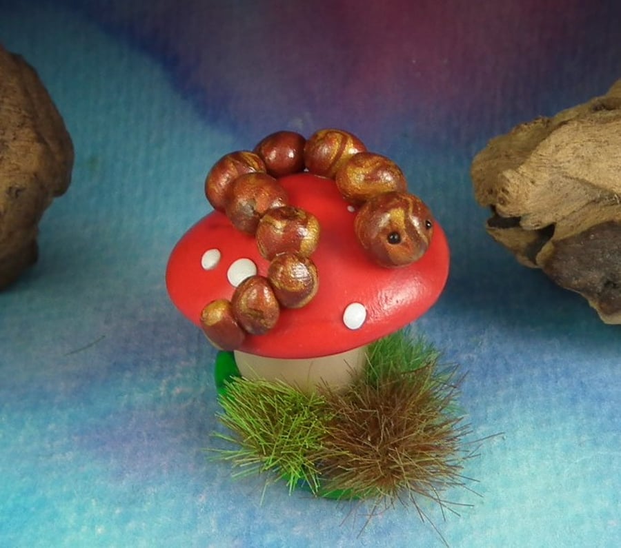 Magical Toadstool on grassy tabeau with caterpillar OOAK Sculpt