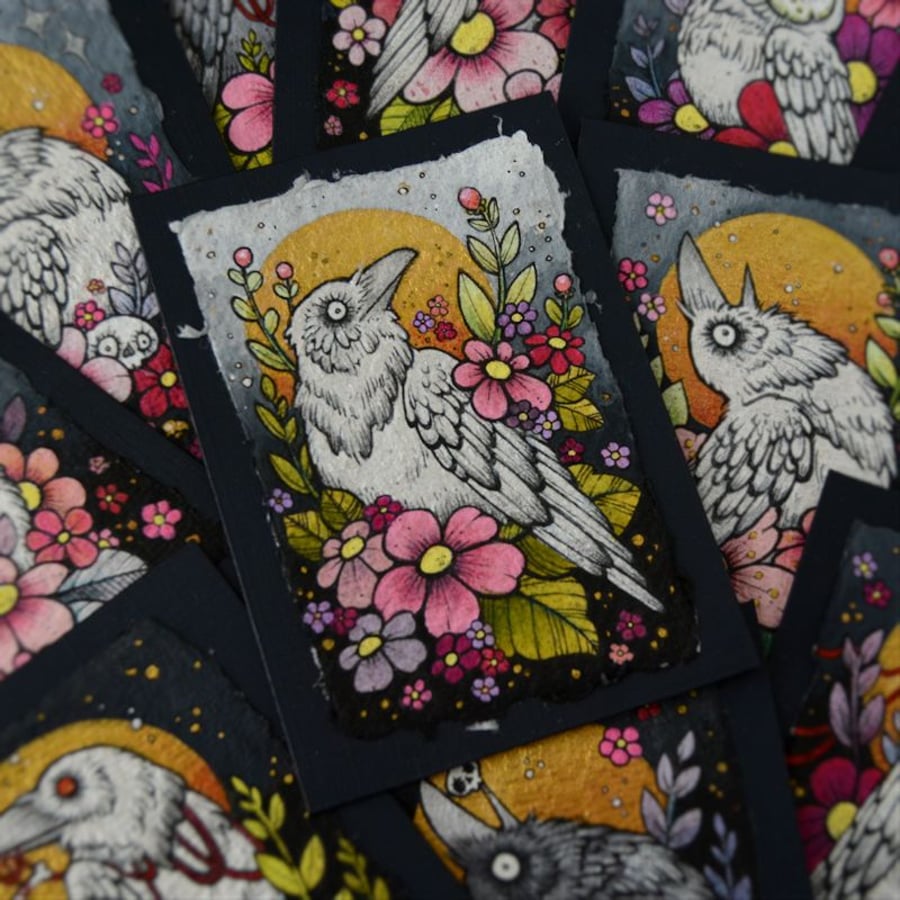 white raven in spring blossom - original aceo illustration