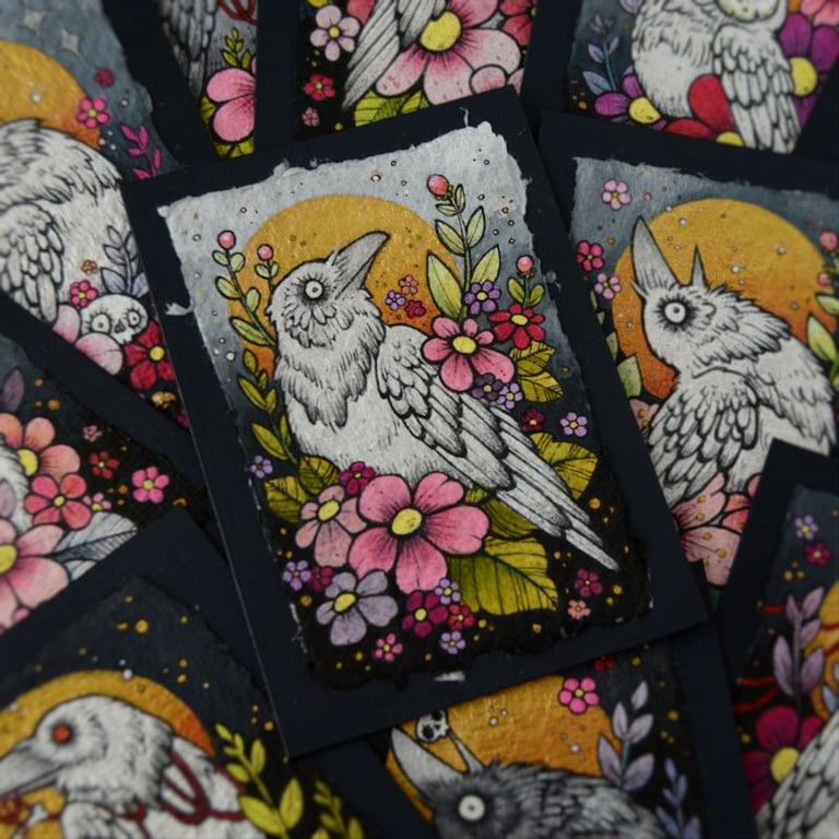 white raven in spring blossom - original aceo illustration
