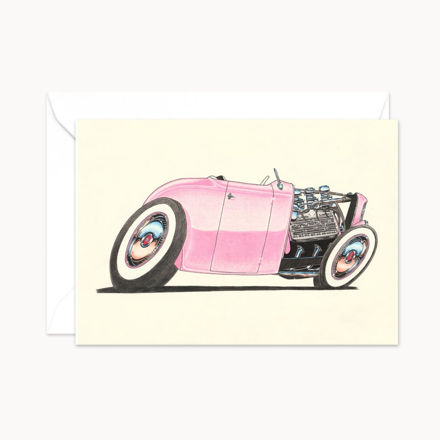 Pink Street Rod Greeting Card: Original Art for a Classic Car Lover (404)