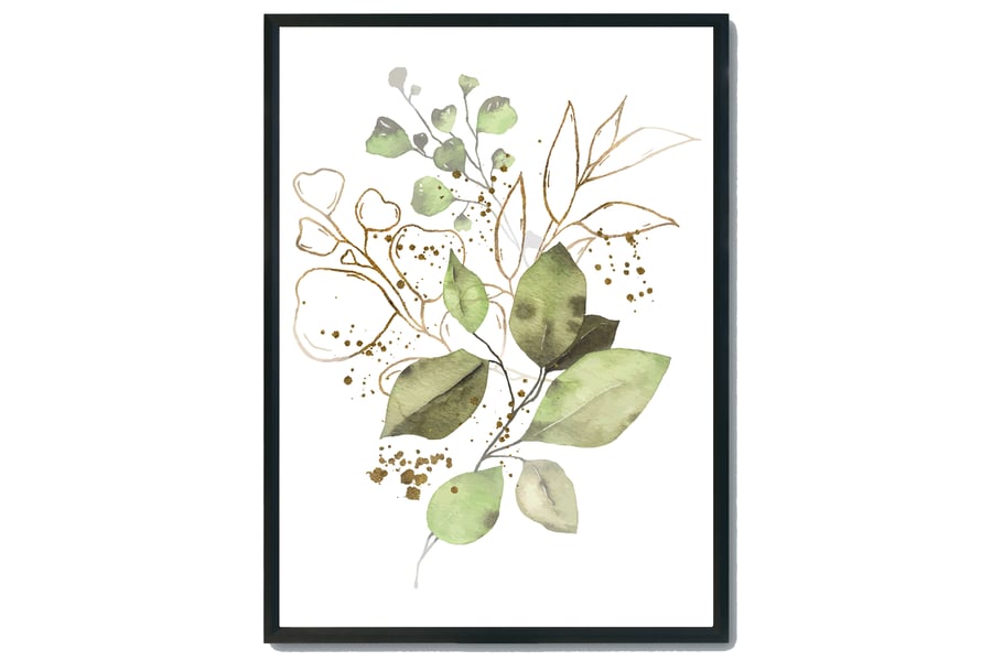 Greenery art print, eucalyptus wall decor, gold leaf wall art print