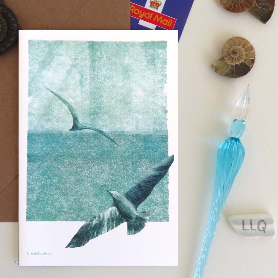 Blank art card of gulls soaring over the ocean cellophane free plastic free