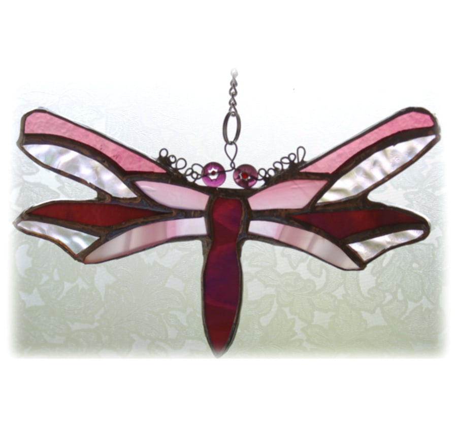 SOLD Dragonfly Suncatcher Pink Purple Handmade Stained Glass 037