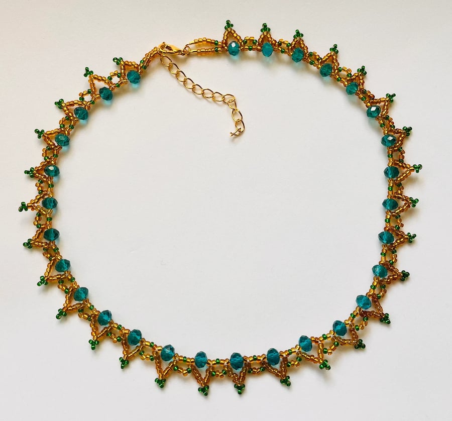 Crystal glass Bead NECKLACE art deco style Teal Green Golden glass 16" strand