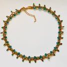 Crystal glass Bead NECKLACE art deco style Teal Green Golden glass 16" strand