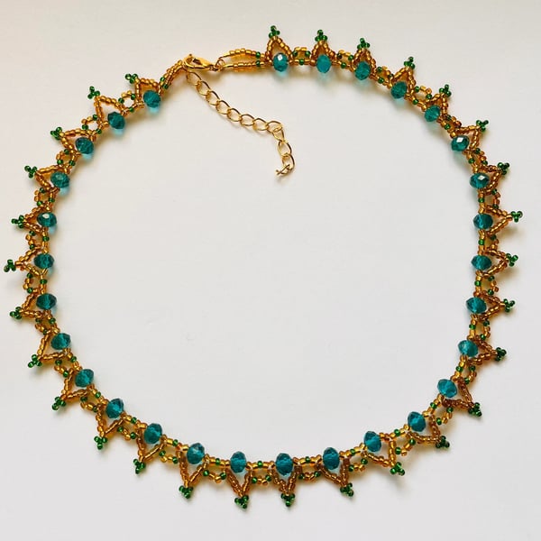 Crystal glass Bead NECKLACE art deco style Teal Green Golden glass 16" strand