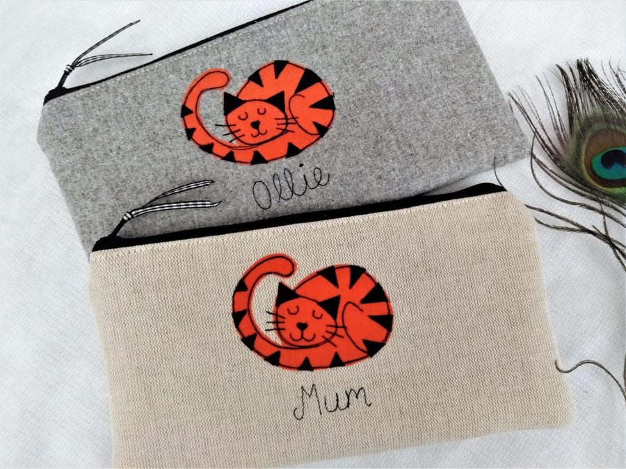 Personalised Ginger Cat Cosmetic Bag - Grey or Linen Makeup Bag