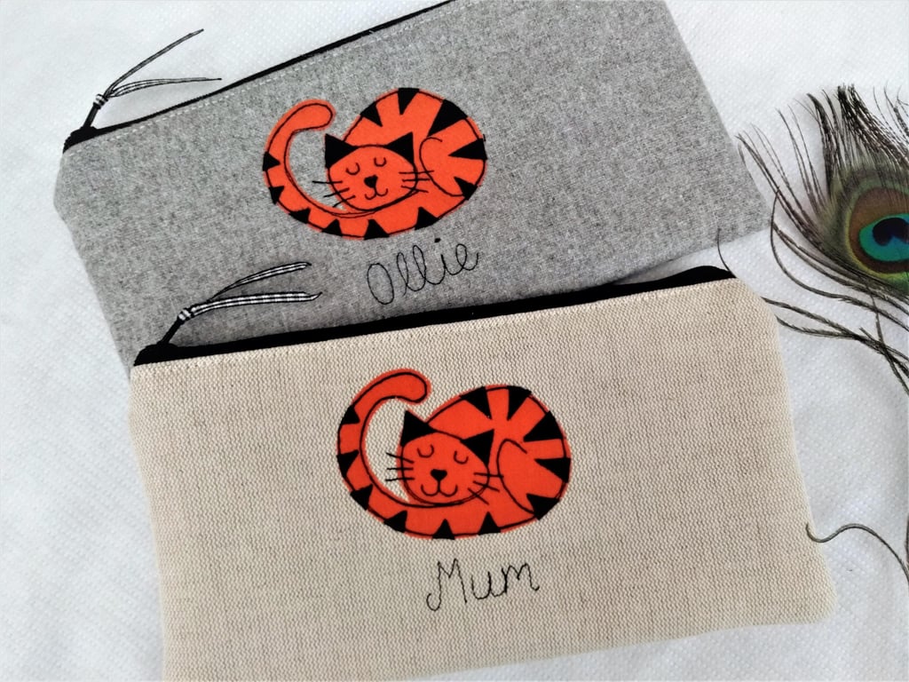 Personalised Ginger Cat Cosmetic Bag - Grey or Linen Makeup Bag
