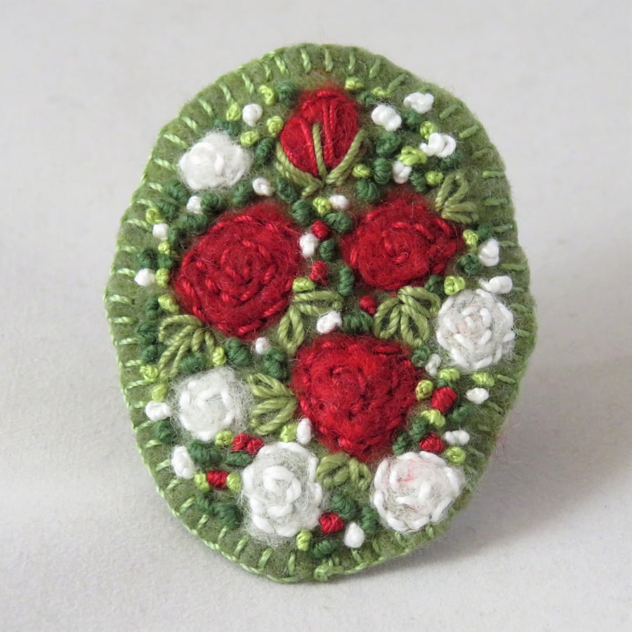 Red and White Roses Felted and Embroidered Brooch