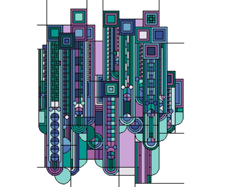 251C - Art Deco Cross Stitch Pattern: Saguaro and Flowers PURPLE TEAL(PDF Chart)
