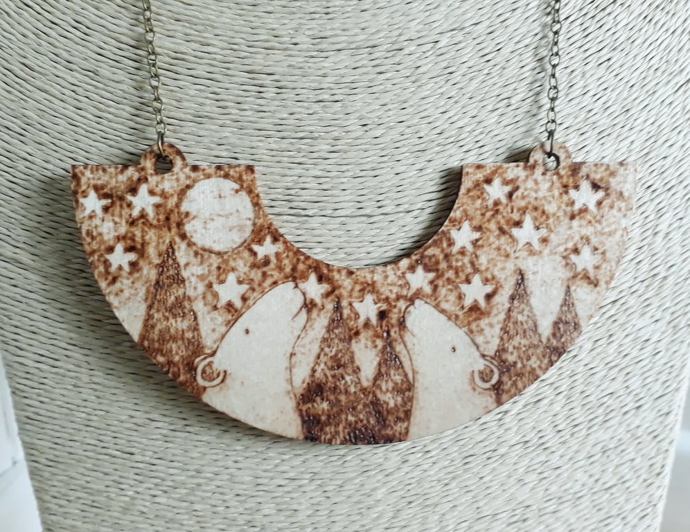 Pyrography polar bears pendant