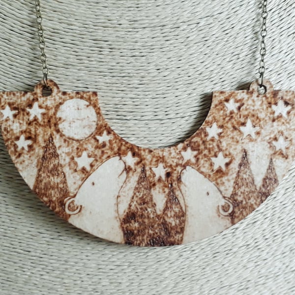 Pyrography polar bears pendant