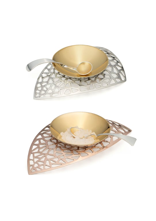 Salty Sue's. Pinch Salt bowl with Stand and Silver Spoon