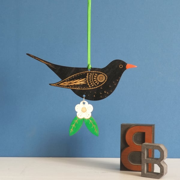 Wooden Blackbird Hanging Decoration with Flower