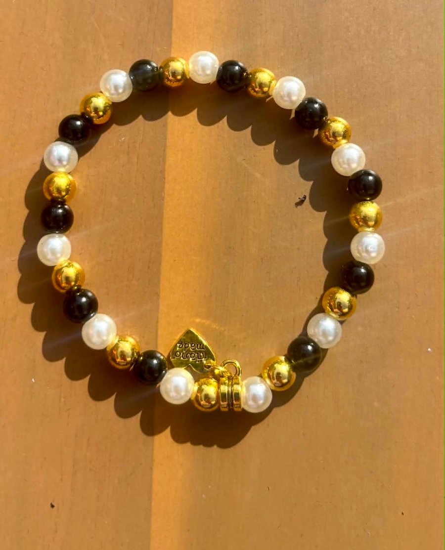 Handmade Black Beaded Bracelet with Gold-Tone Spacers