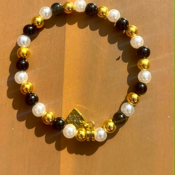 Handmade Black Beaded Bracelet with Gold-Tone Spacers