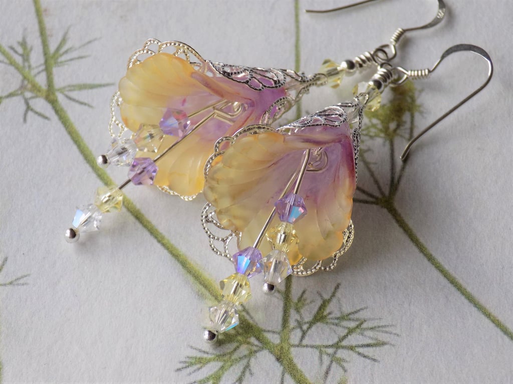 Pale Yellow and Lavender "Xanthos" Hand Painted Flower Earrings
