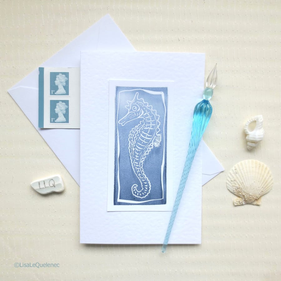 Seahorse original lino printed handmade art card 