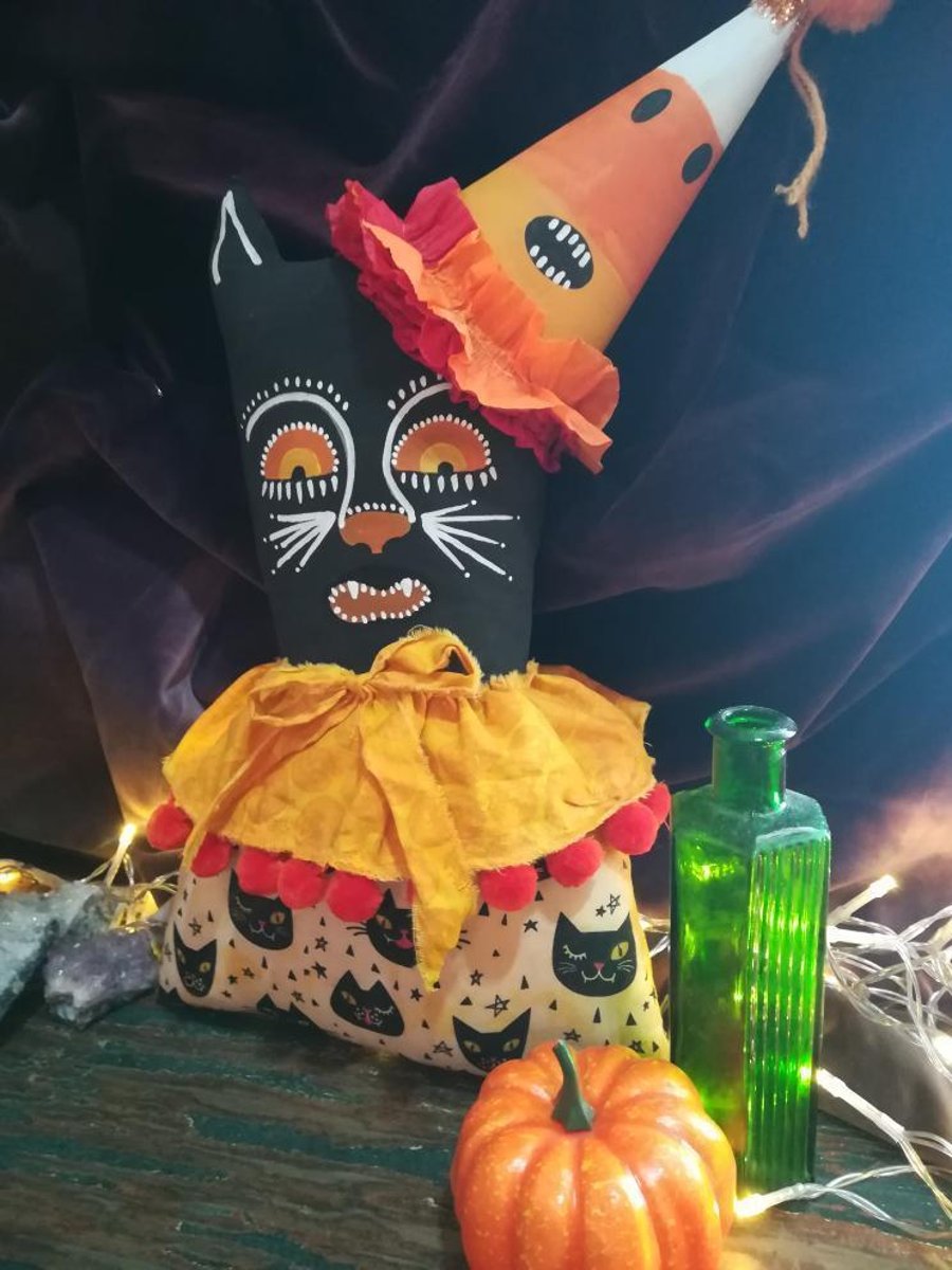 Vintage style Textile Art Folk Art Cat, Halloween, Black Cat, Halloween Cat