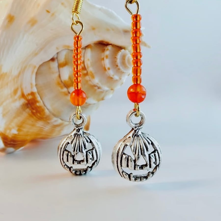 Halloween Pumpkin Earrings, Silver Charms With Orange Beads, Price Inc UK P&P