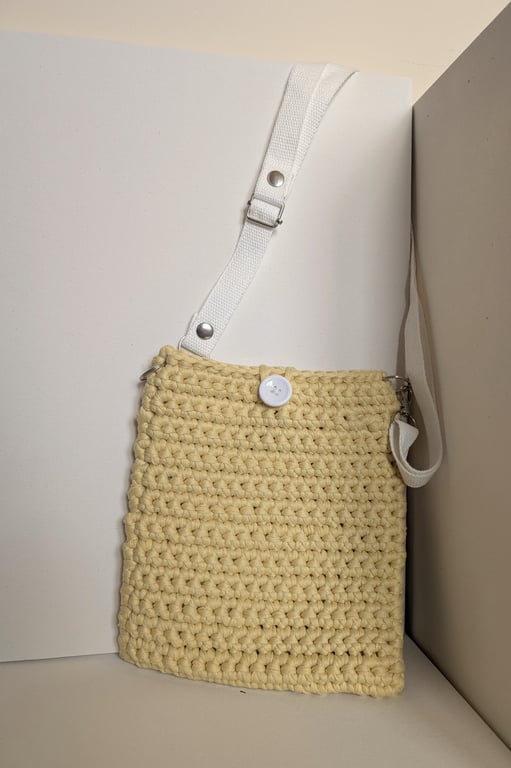 Handmade lined yellow crochet t-shirt yarn crossbody bag with adjustable straps
