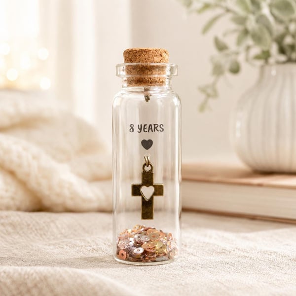 Personalised 8th Bronze Anniversary Cross and Heart Message Bottle Keepsake