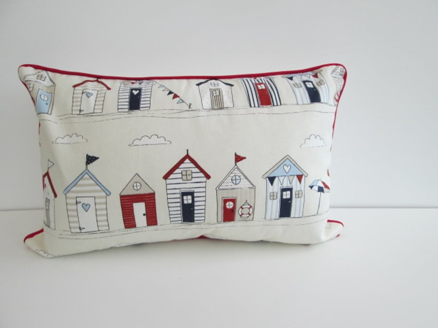 Beach Huts  Cushion Cover With Red Piping