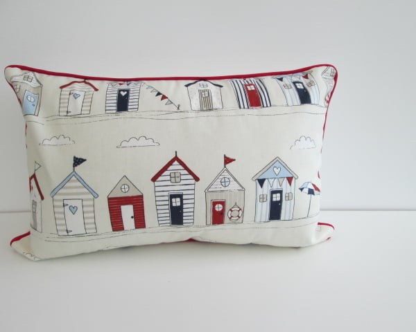 Beach Huts  Cushion Cover With Red Piping