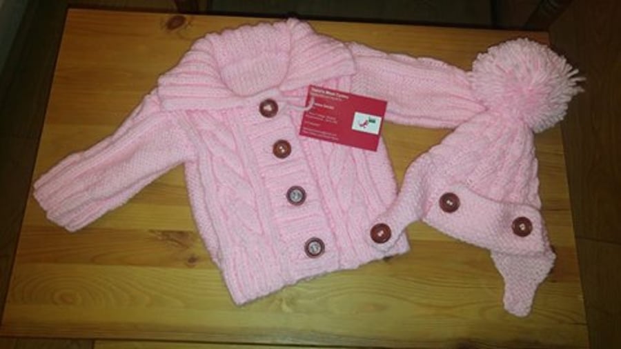 Baby pink Aran  jacket and hat set