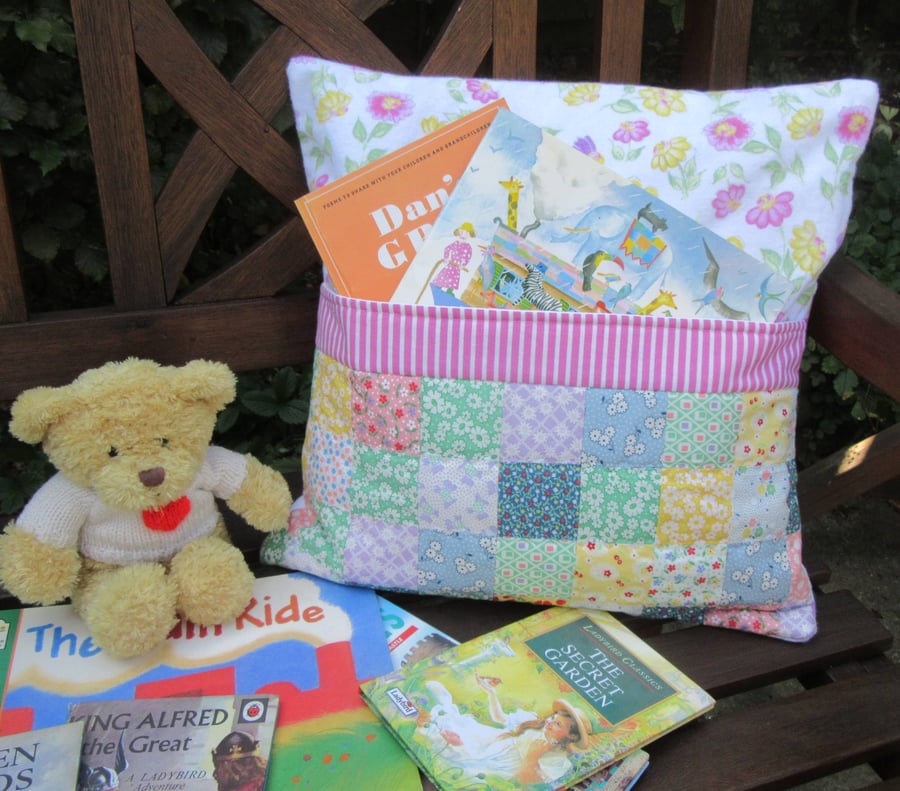 Patchwork Cushion Cover with Storage Pocket for Books and Toys