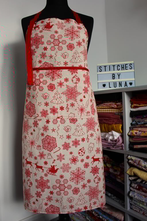 Handmade Christmas Apron, Holiday Chef Apron: Cotton Canvas, Fully Lined Apron
