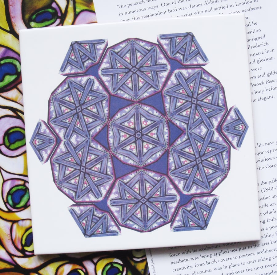 Mauve Kaleidoscope Inspired Design Ceramic Tile Trivet with Cork Backing