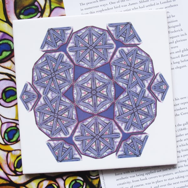 Mauve Kaleidoscope Inspired Design Ceramic Tile Trivet with Cork Backing