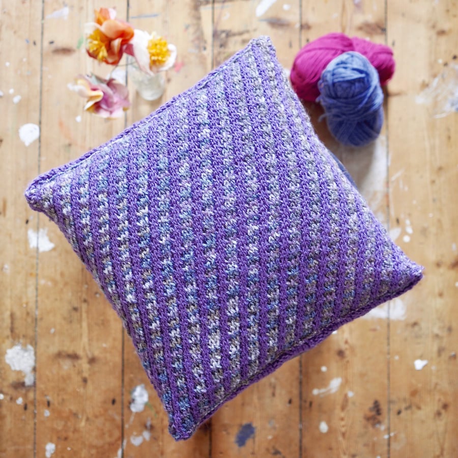 Chunky hand knit cushion - purple and grey stripes 