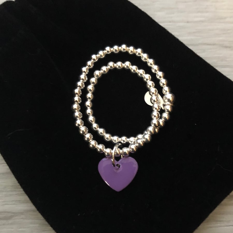  Purple enamel heart on silver beaded stretch bracelet. Stacking bracelet.