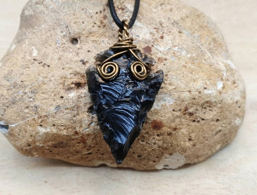 Mens Obsidian Arrowhead necklace. Unisex Wire wrapped pendant
