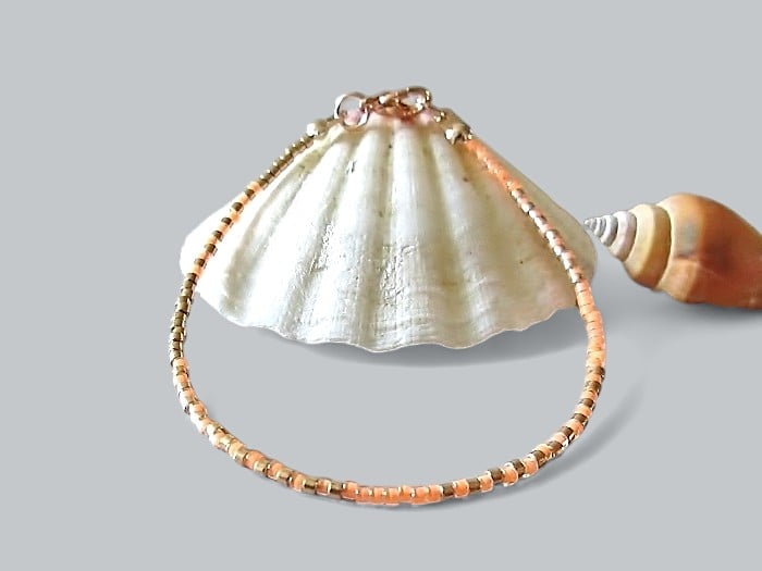Peach Orange & Light Gold Tiny Seed Beads Beach Bracelet - 6.5" - 8.5"