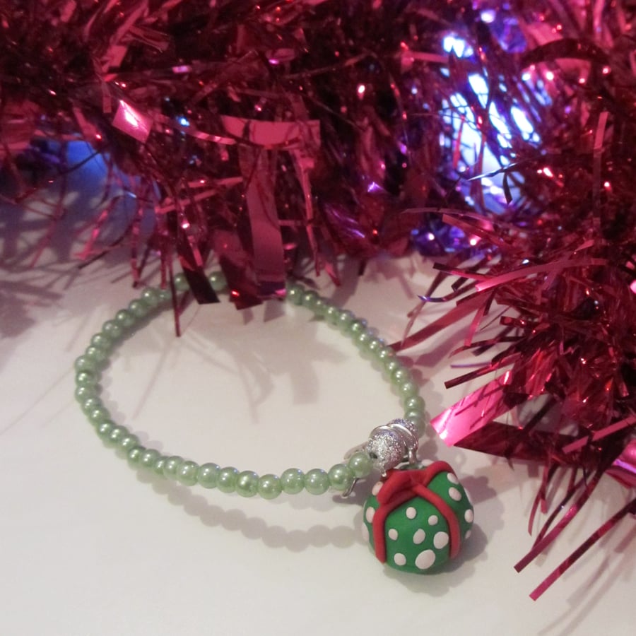 SALE Retro Christmas themed present charm bracelet handmade, unique,quirky,
