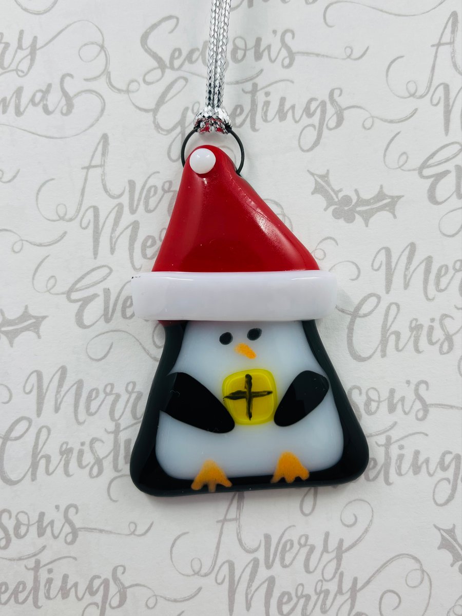 Handmade Fused Glass Penguin Hanging Christmas Decoration 