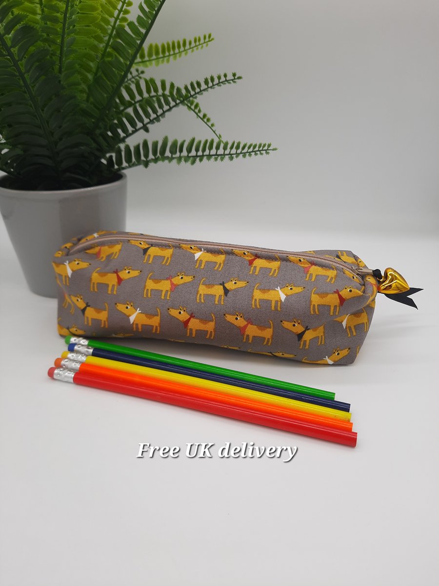 Pencil case boxed, grey with yellow dog print fabric. 