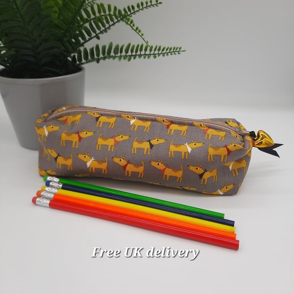 Pencil case boxed, grey with yellow dog print fabric. 